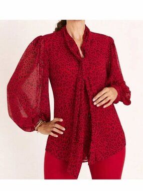 Chico’s Red Leopard Tie-Neck Blouse Size 3 (16) XL